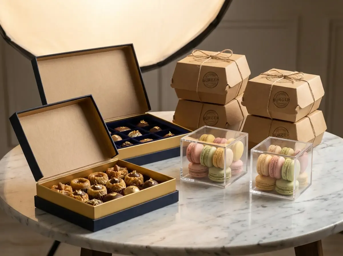 علب حلويات كرتون وعلب أكريليك وعلب مطاعم بطباعة لوجو - مطبعة اتقان